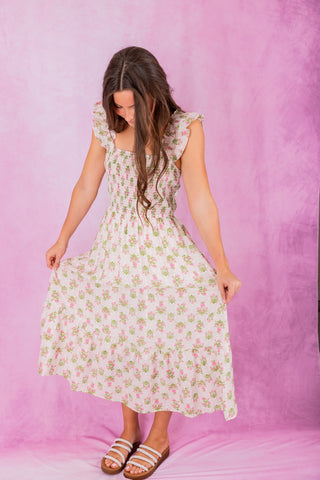 Off White/Pink Floral Flutter Sleeve Midi Dress