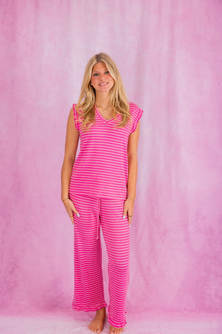 Softies Dream Ruffle V-Neck With Cropped Pant - Fuchsia Stripe