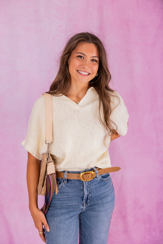 Cream Rib Knit Collared Dolman Sleeve Top
