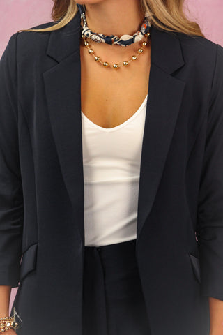 Navy Shirred Sleeve Blazer