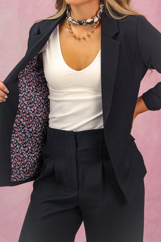 Navy Shirred Sleeve Blazer