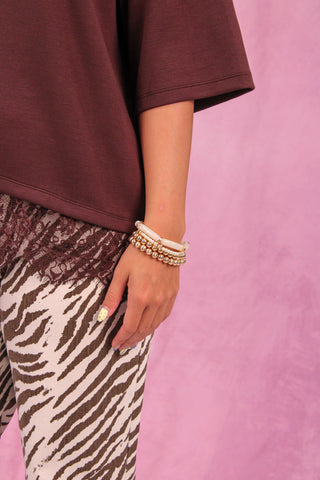 Water Resistant Set of 4 White Resin with Gold and Pearl Beaded Stretch Bracelets