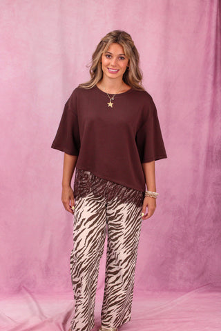 Ecru/Brown Zebra Print Wide Leg Pants