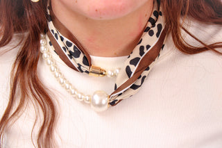 Leopard/Cream Layered 10mm Pearl Scarf Necklace