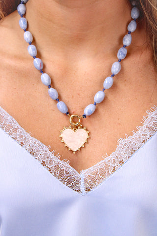 Blue Beaded with Pearlized Heart 16"-18" Necklace