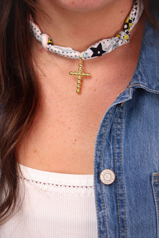 Pink, Navy and White Knotted Scarf with Bubble Cross Removable Charm