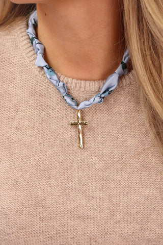 Blue Scarf Necklace w/ Hammered Gold Cross Charm