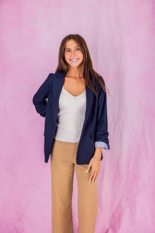 Navy Cinched Sleeve Blazer w/ Striped Cuffs