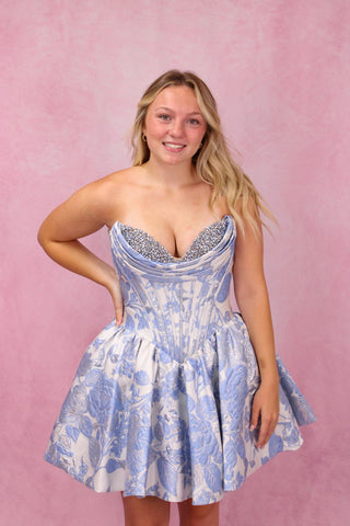 Sherri Hill 58318 - Ivory/Light Blue Print Size 8