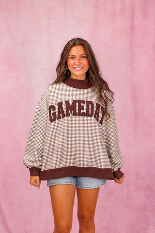 Brown Checkered Gameday Mockneck Sweatshirt