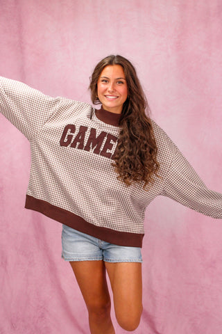 Brown Checkered Gameday Mockneck Sweatshirt