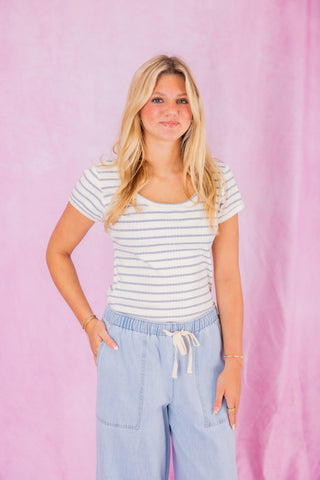 Off White/Blue Striped Short Sleeve Top