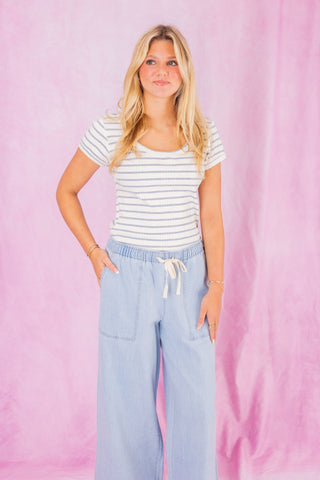 Off White/Blue Striped Short Sleeve Top