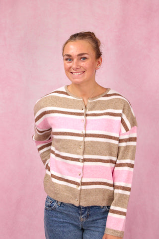 Candy Pink/Brown/Cream Striped Button Front Cardigan