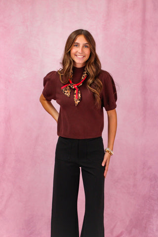 Brown Puff Sleeve Sweater w/ Leopard Scarf