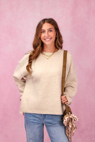 Light Taupe Side Tie Crew Neck Sweater