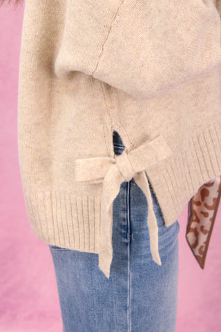 Light Taupe Side Tie Crew Neck Sweater