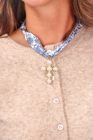 Blue & White Scarf Cross Charm Necklace