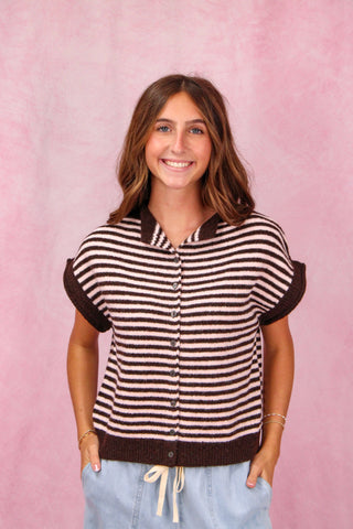 Brown Striped Cap Sleeve Button Up Sweater
