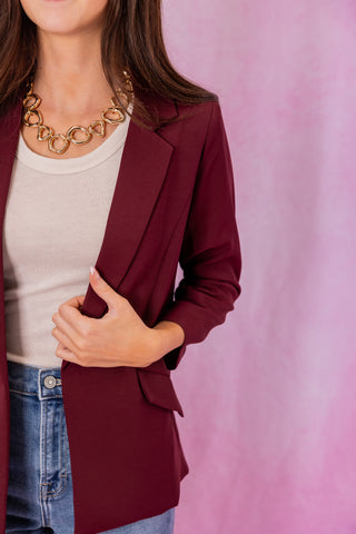 Burgundy Shirred Sleeve Blazer