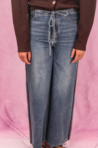 Denim Drawstring Pants w/ Brown Side Stripe