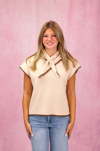 Oatmeal Cap Sleeve Neck Scarf Sweater