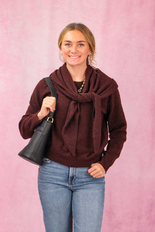 Brown Long Sleeve Neck Scarf Sweater