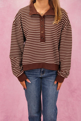 Brown Striped Funnel Neck Pullover