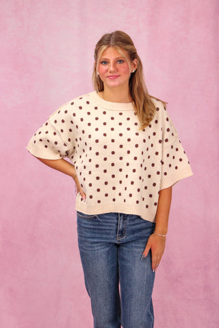 Ecru/Brown Polka Dot Short Sleeve Sweater