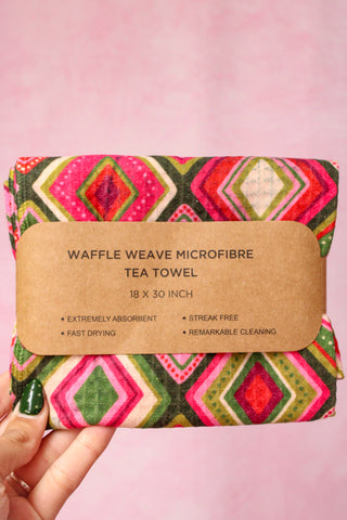 Pink/Green Geometric Holiday Printed Microfiber Tea Towel