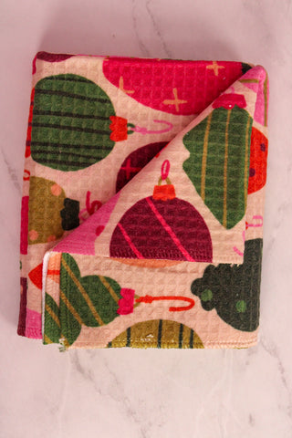 Pink/Multi Ornament Holiday Printed Microfiber Tea Towel