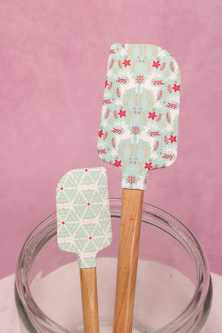 Mint & Red Holiday Pattern Silicone & Wood Spatula Set