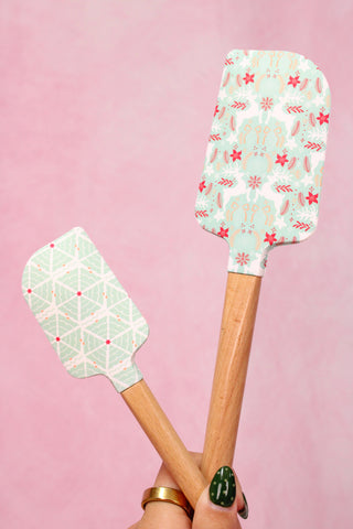 Mint & Red Holiday Pattern Silicone & Wood Spatula Set