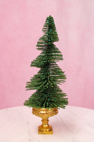 13" Green & Gold Bottle Brush Tree w/ Urn Base