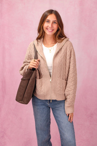 Softies Cable Knit Marshmallow Funnel Neck Double Zip Jacket - Coco