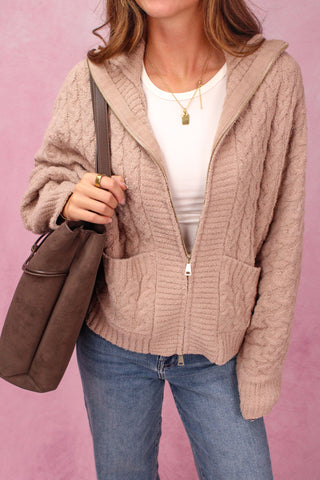 Softies Cable Knit Marshmallow Funnel Neck Double Zip Jacket - Coco