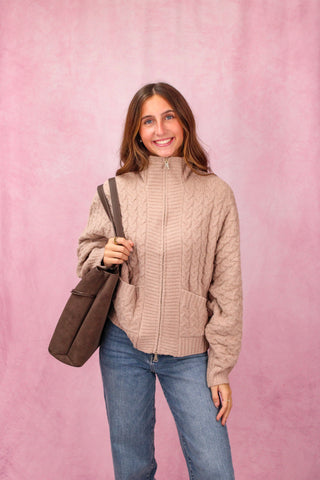 Softies Cable Knit Marshmallow Funnel Neck Double Zip Jacket - Coco