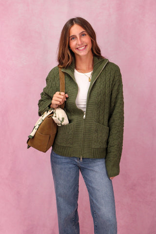 Softies Cable Knit Marshmallow Funnel Neck Double Zip Jacket - Olive