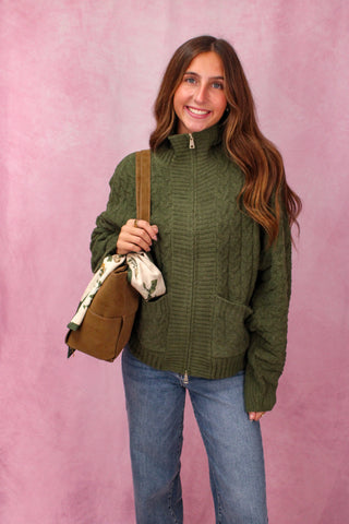 Softies Cable Knit Marshmallow Funnel Neck Double Zip Jacket - Olive