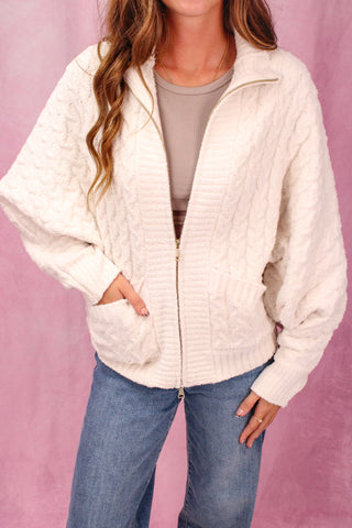Softies Cable Knit Marshmallow Funnel Neck Double Zip Jacket - Almond