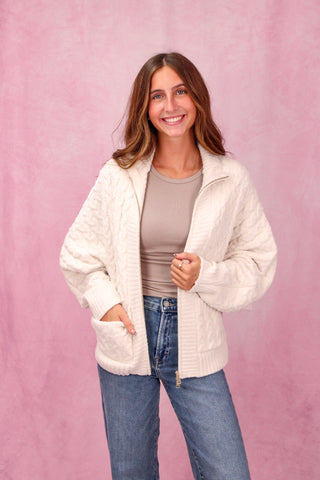 Softies Cable Knit Marshmallow Funnel Neck Double Zip Jacket - Almond