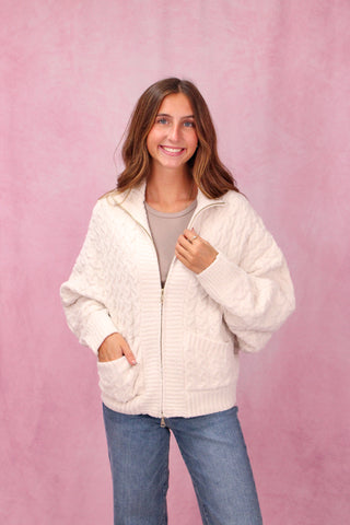 Softies Cable Knit Marshmallow Funnel Neck Double Zip Jacket - Almond
