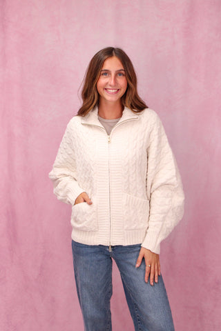 Softies Cable Knit Marshmallow Funnel Neck Double Zip Jacket - Almond