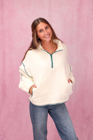 Ivory Half Zip Fleece Pullover w/Gingham Trim
