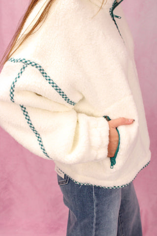 Ivory Half Zip Fleece Pullover w/Gingham Trim
