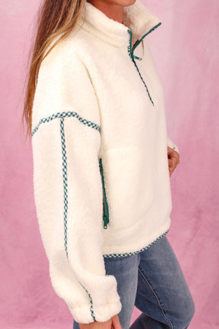 Ivory Half Zip Fleece Pullover w/Gingham Trim
