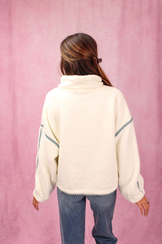 Ivory Half Zip Fleece Pullover w/Gingham Trim