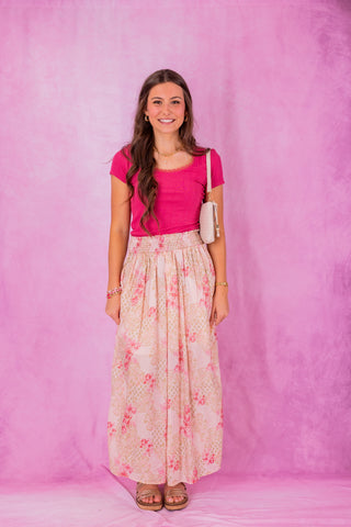 Pink Print Smocked Maxi Skirt
