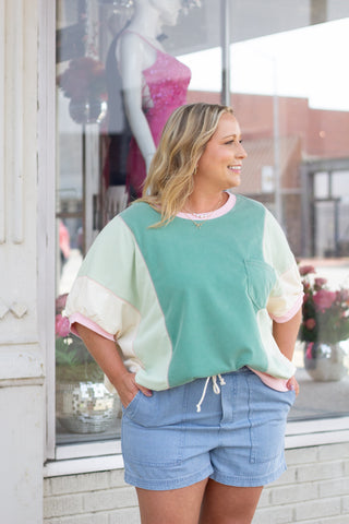 Sage/Pink Mineral Washed Colorblock Tee