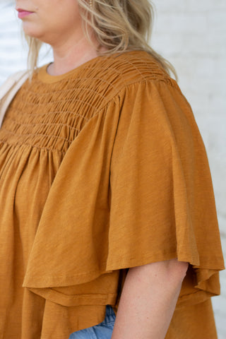 *FINAL SALE* Camel Smocked Detail Flutter Sleeve Top